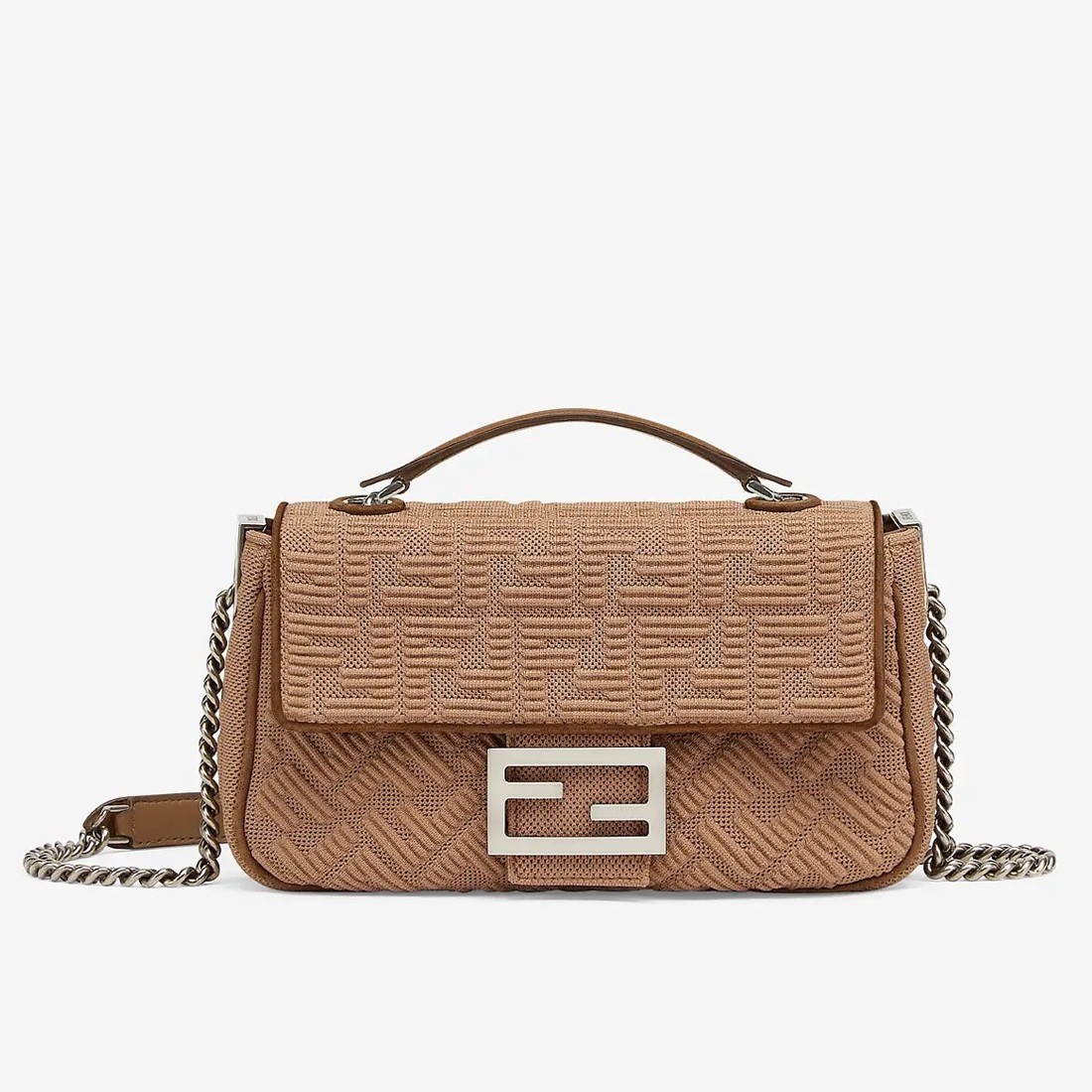 Fendi Midi Baguette Chain Bag In Beige FF Fabric 616