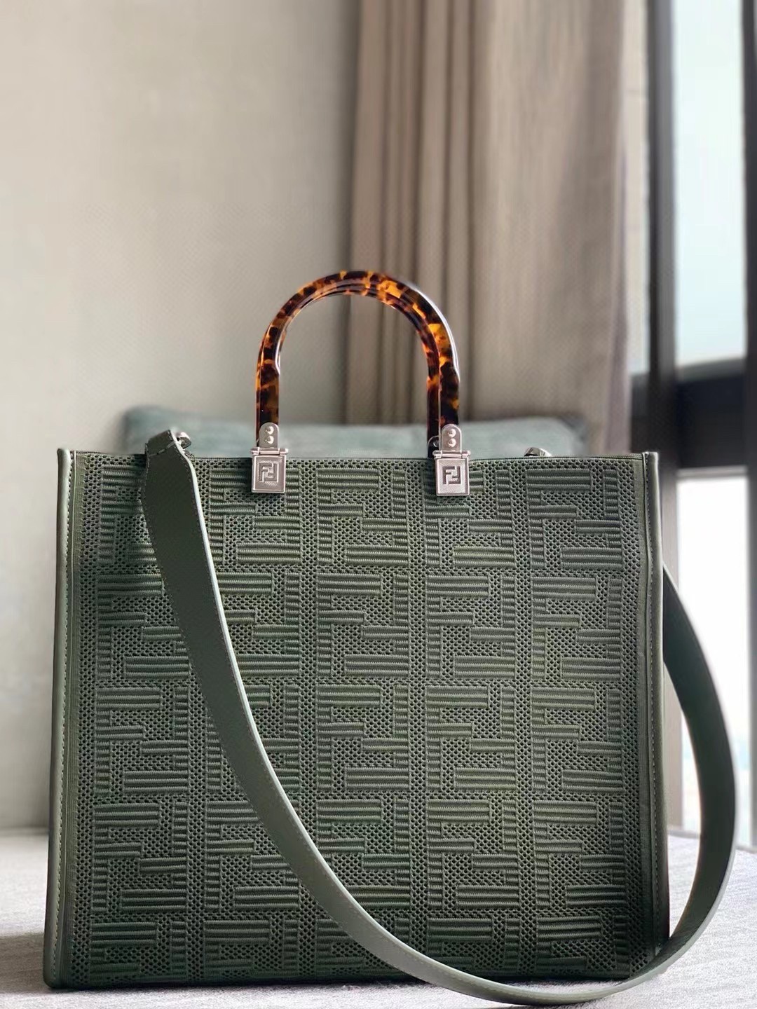 Fendi Sunshine Medium Shopper Bag In Green FF Fabric 694