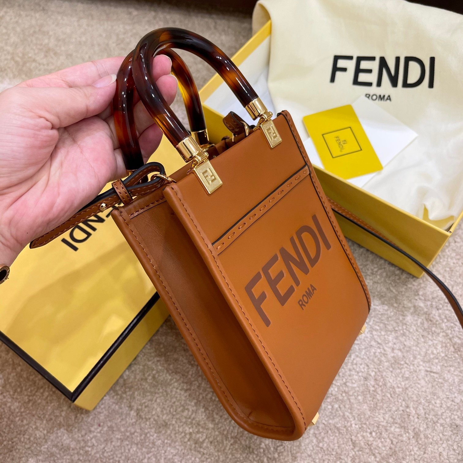 Fendi Mini Sunshine Shopper Bag In Brown Leather 102