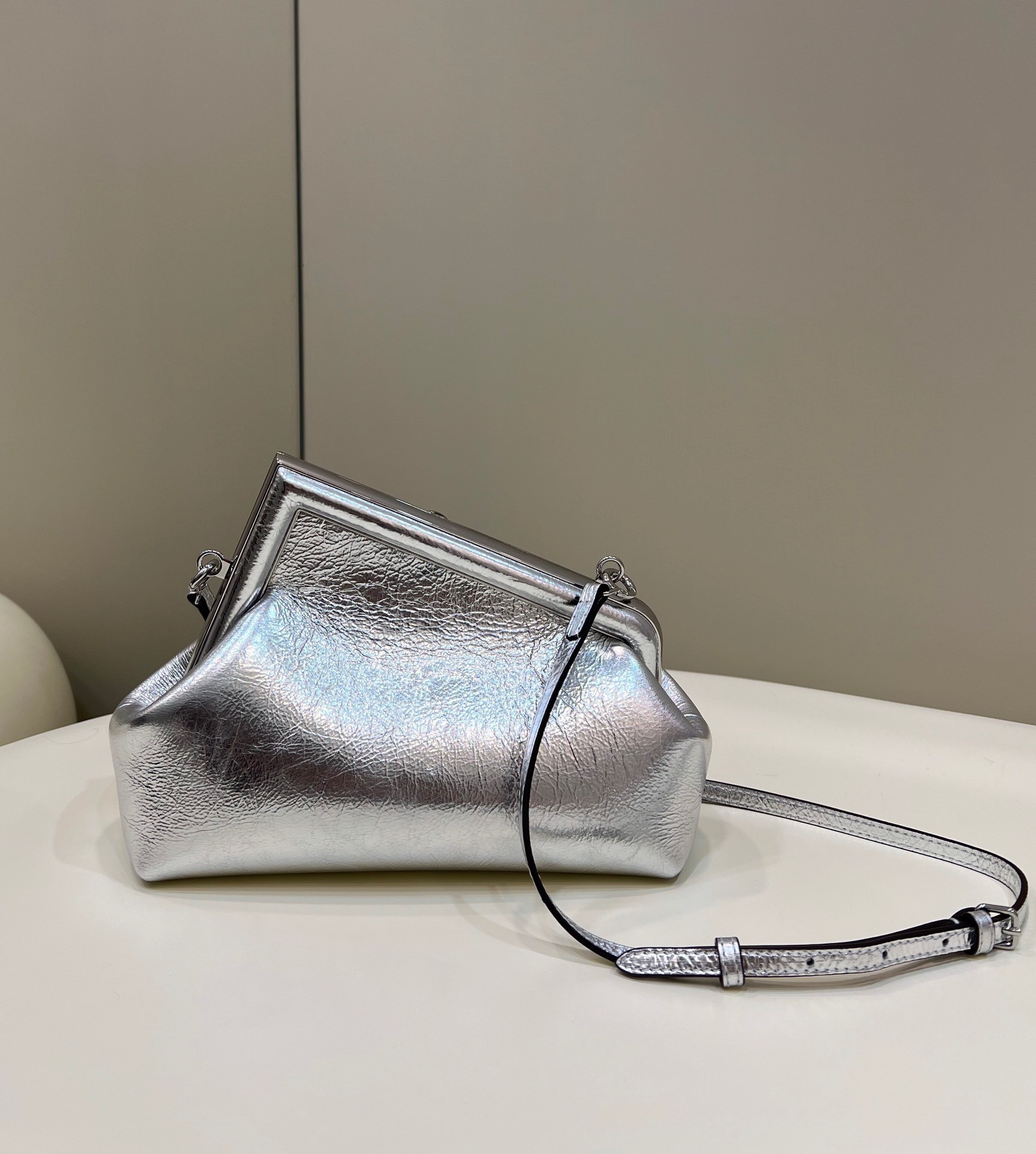 Fendi First Small Bag In Silver Laminated Leather 776