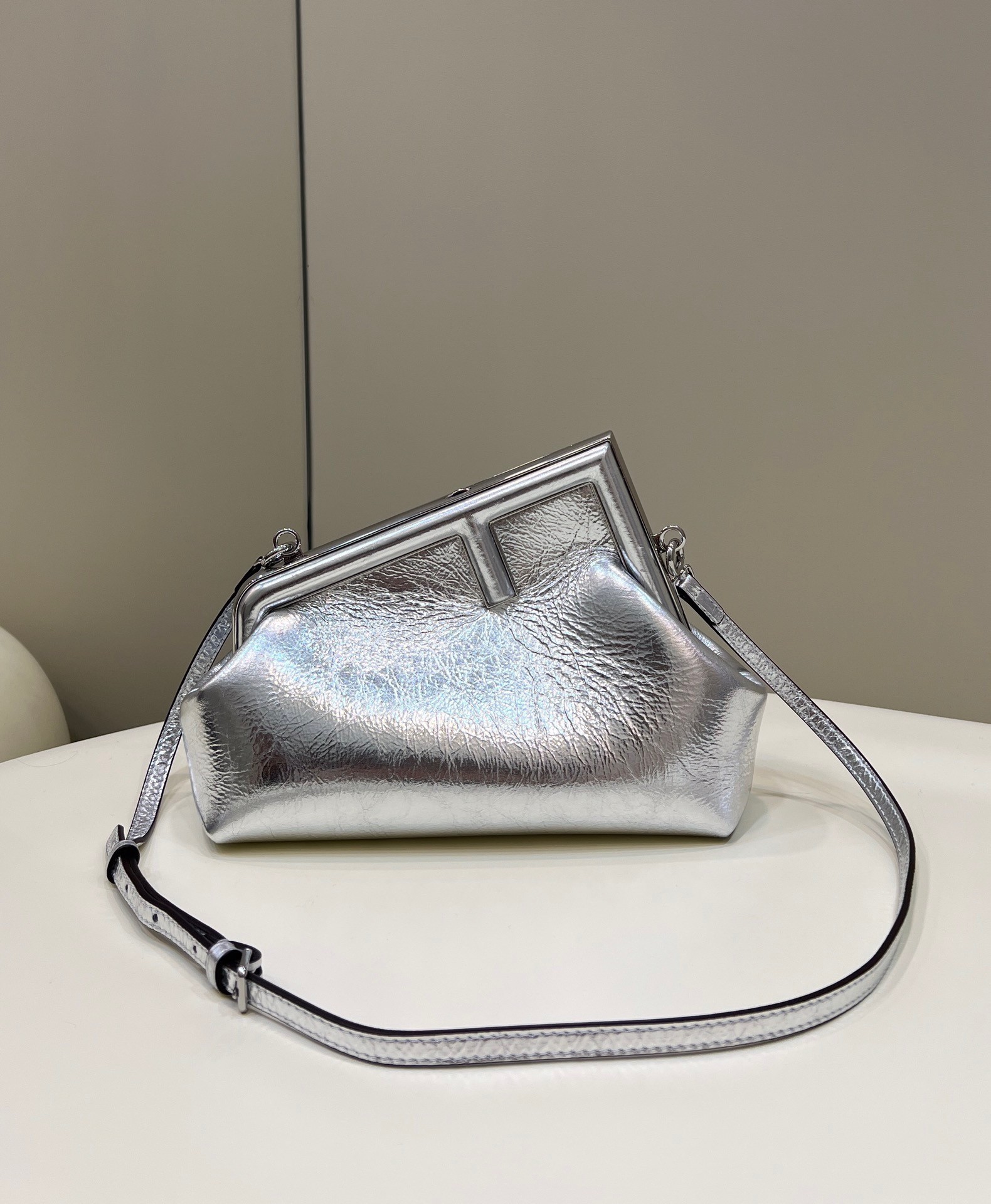 Fendi First Small Bag In Silver Laminated Leather 776