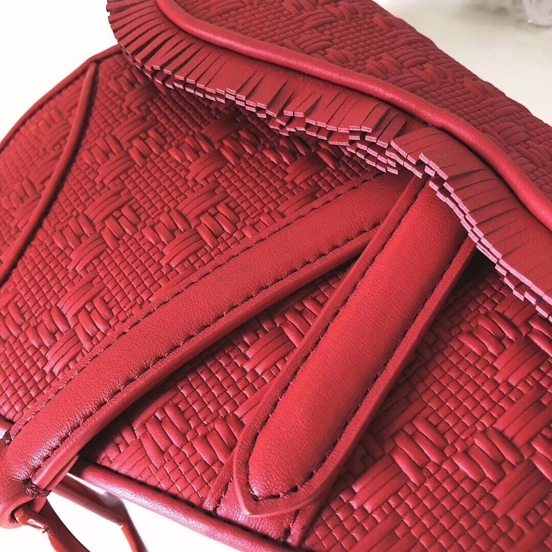 Dior Saddle Bag In Red Braided Leather Strips With Fringe 977