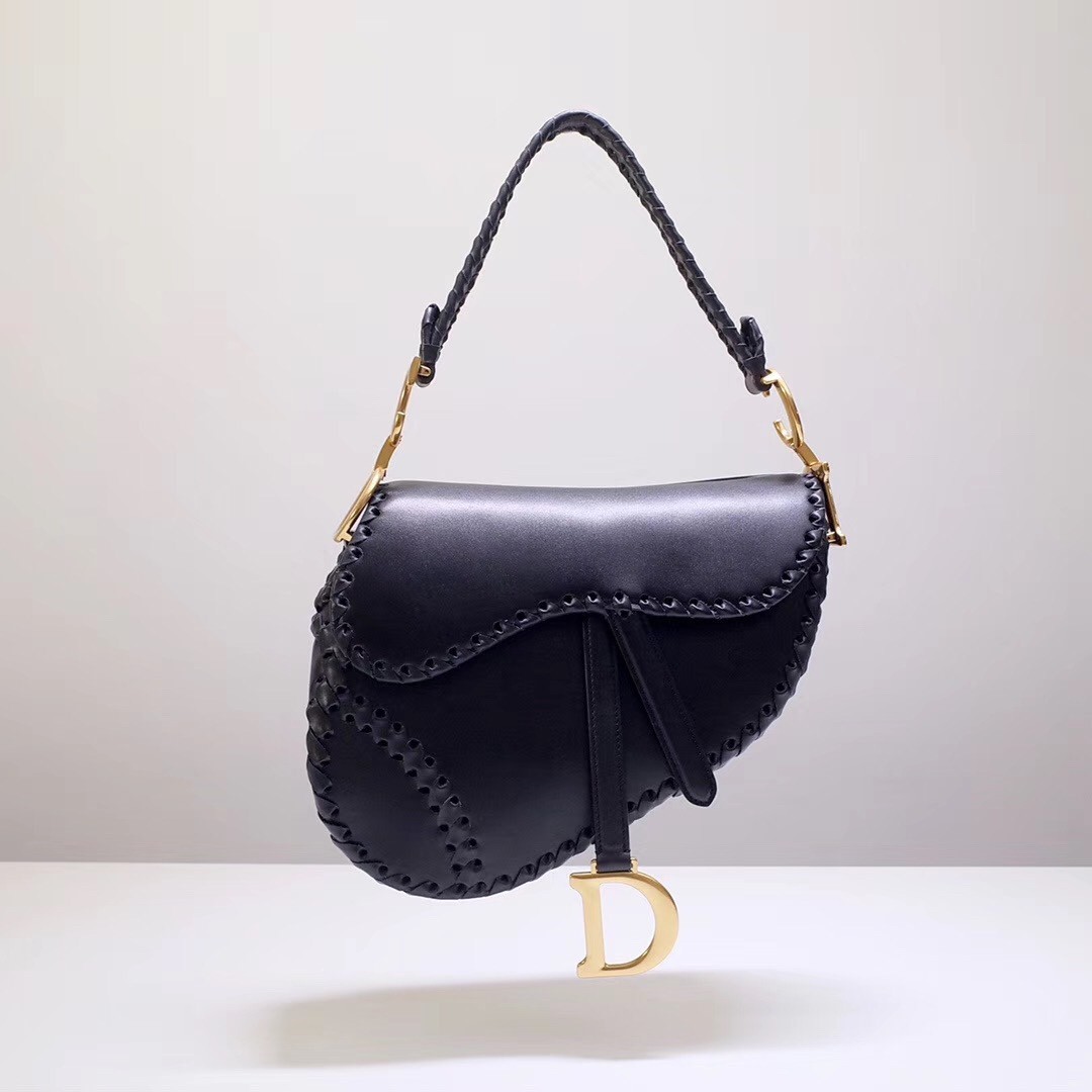 Dior Saddle Bag In Black Calfskin With Threaded Edges 734