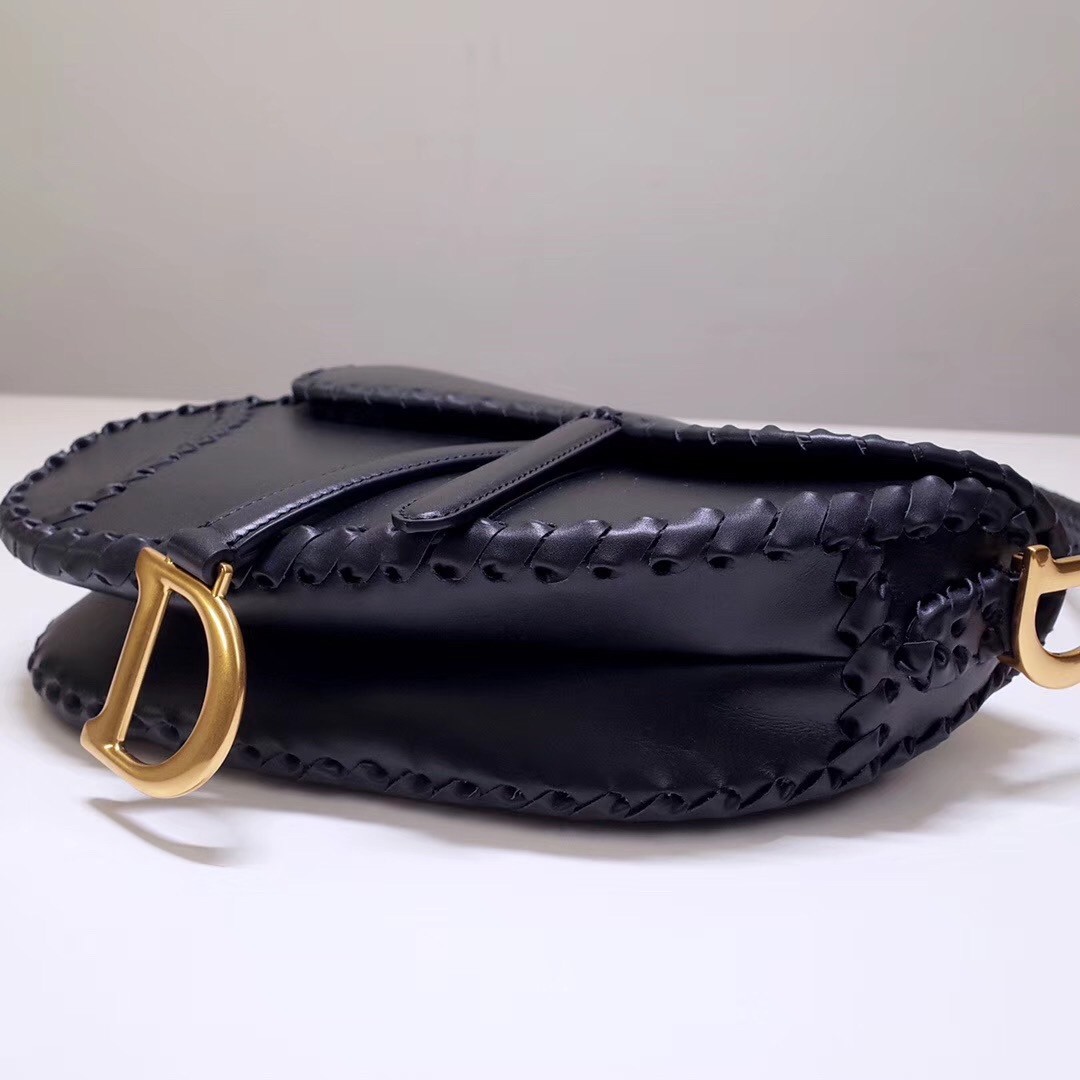 Dior Saddle Bag In Black Calfskin With Threaded Edges 734