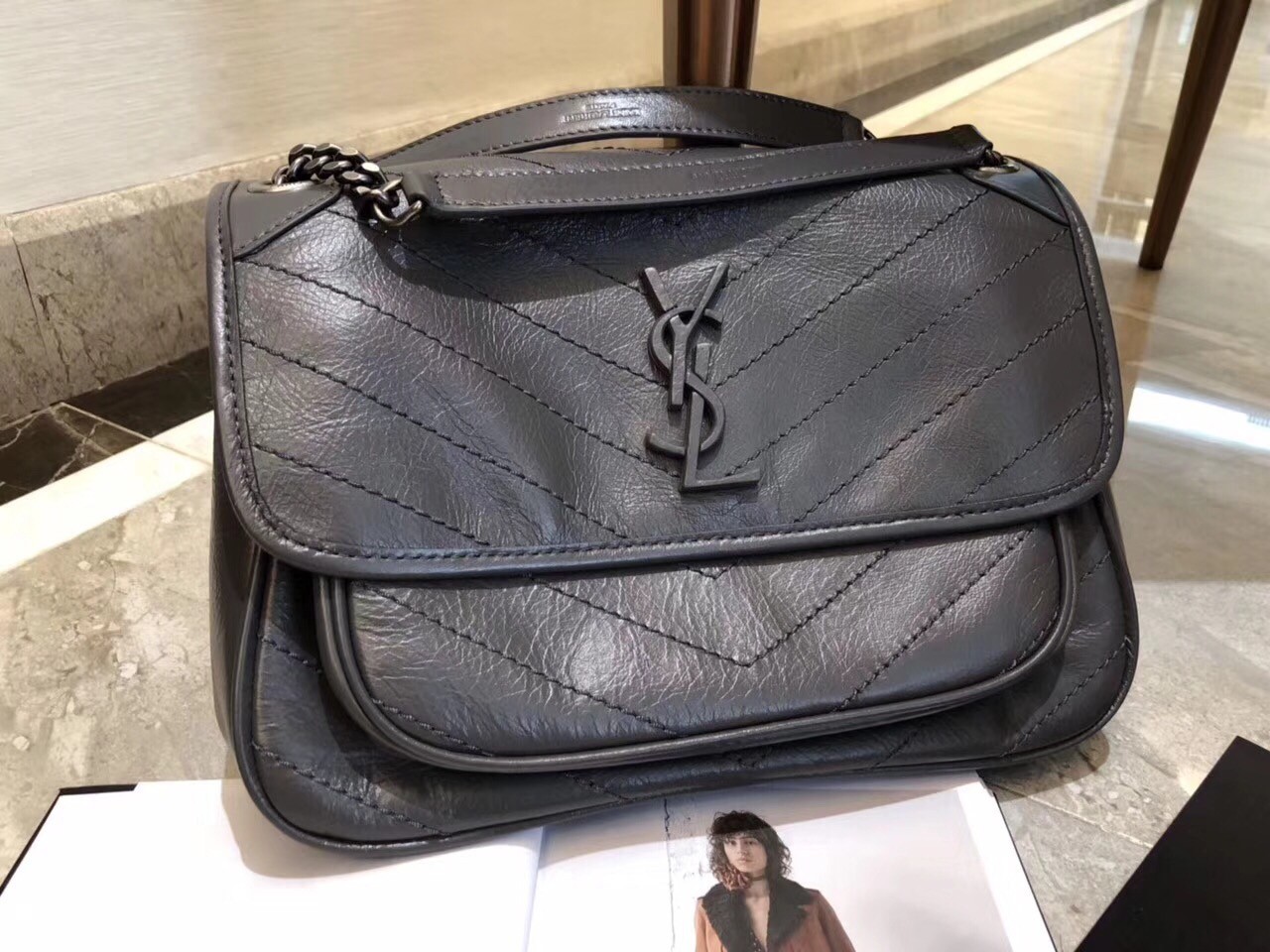 Saint Laurent Medium Niki Bag In Storm Gray Crinkled Leather 107