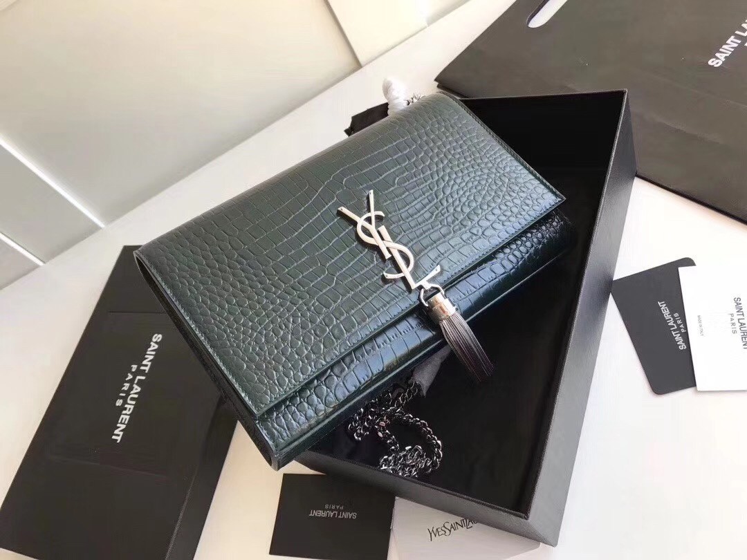 Saint Laurent Medium Kate Bag With Tassel In Dark Green Croc-Embossed Leather 730