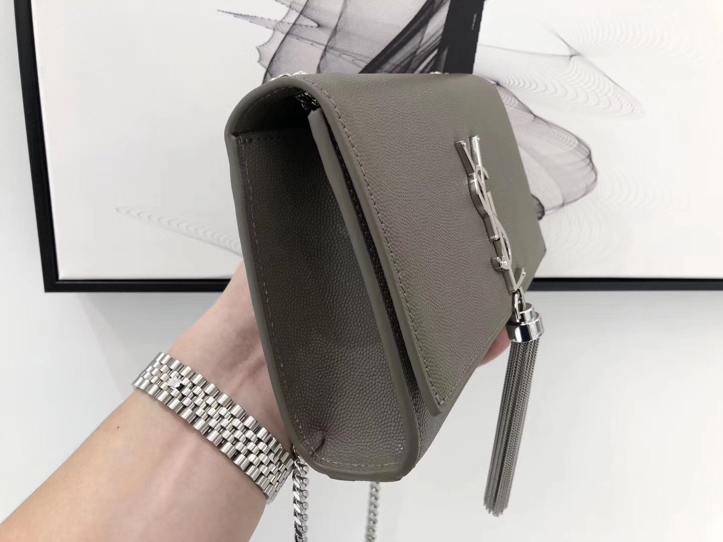 Saint Laurent Small Kate Tassel Bag In Grey Grained Leather 921