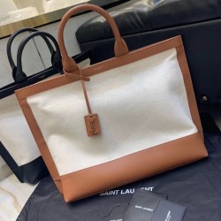 Saint Laurent Tag Shopping Bag In Canvas And Brown Leather 019