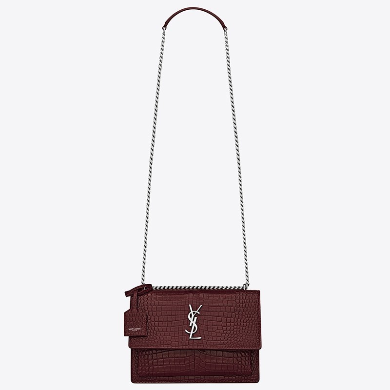 Saint Laurent Sunset Medium Bag In Bordeaux Crocodile Embossed Leather 054