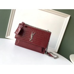 Saint Laurent Sunset Medium Bag In Bordeaux Crocodile Embossed Leather 054