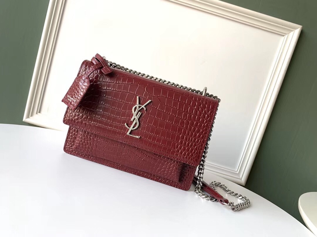 Saint Laurent Sunset Medium Bag In Bordeaux Crocodile Embossed Leather 054