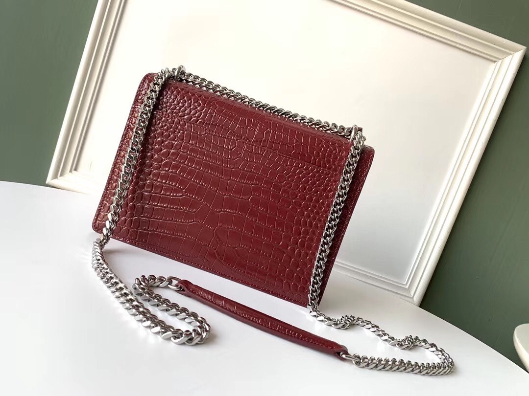 Saint Laurent Sunset Medium Bag In Bordeaux Crocodile Embossed Leather 054