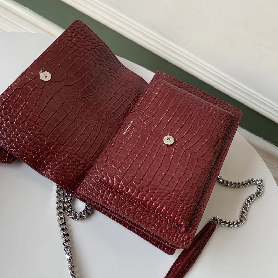 Saint Laurent Sunset Medium Bag In Bordeaux Crocodile Embossed Leather 054