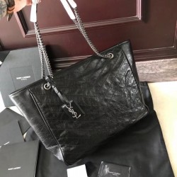 Saint Laurent Niki Shopping Bag In Black Crinkled Calfskin 493