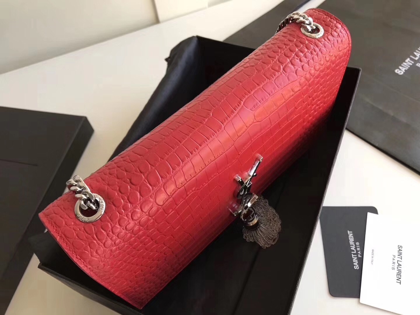 Saint Laurent Medium Kate Bag With Tassel In Red Croc-Embossed Leather 763