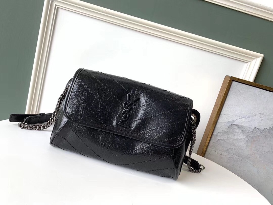 Saint Laurent Niki Body Bag In Black Crinkled Vintage Leather 498