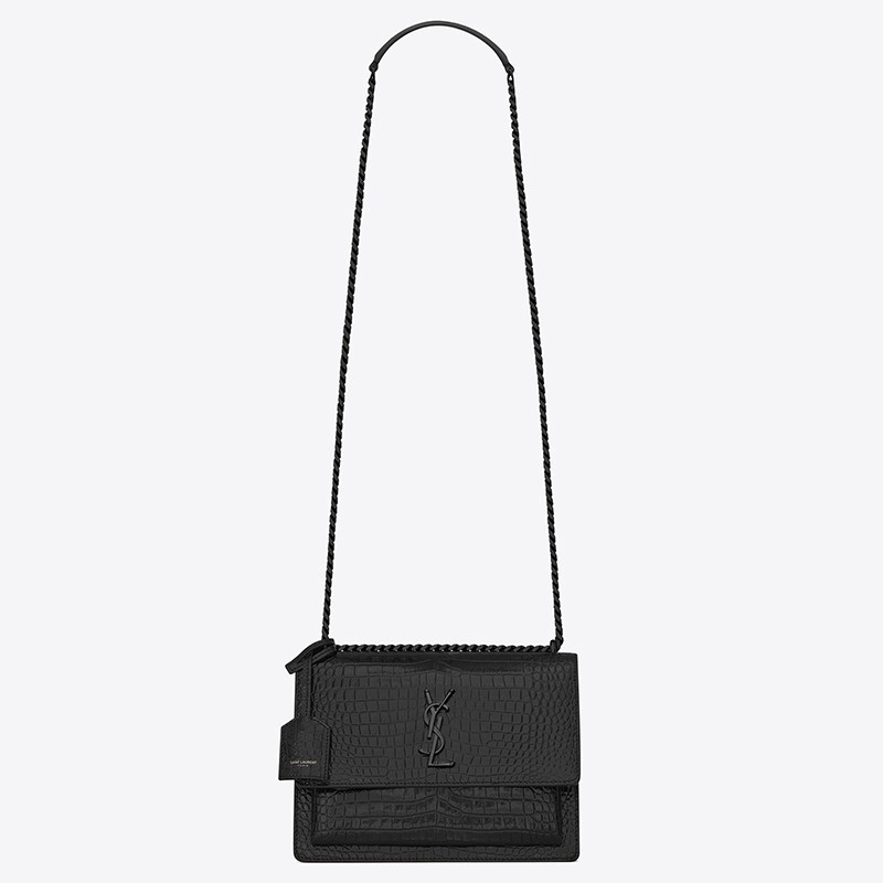 Saint Laurent Sunset Medium Bag In Noir Crocodile Embossed Leather 886