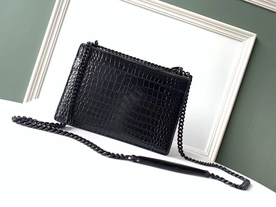 Saint Laurent Sunset Medium Bag In Noir Crocodile Embossed Leather 886