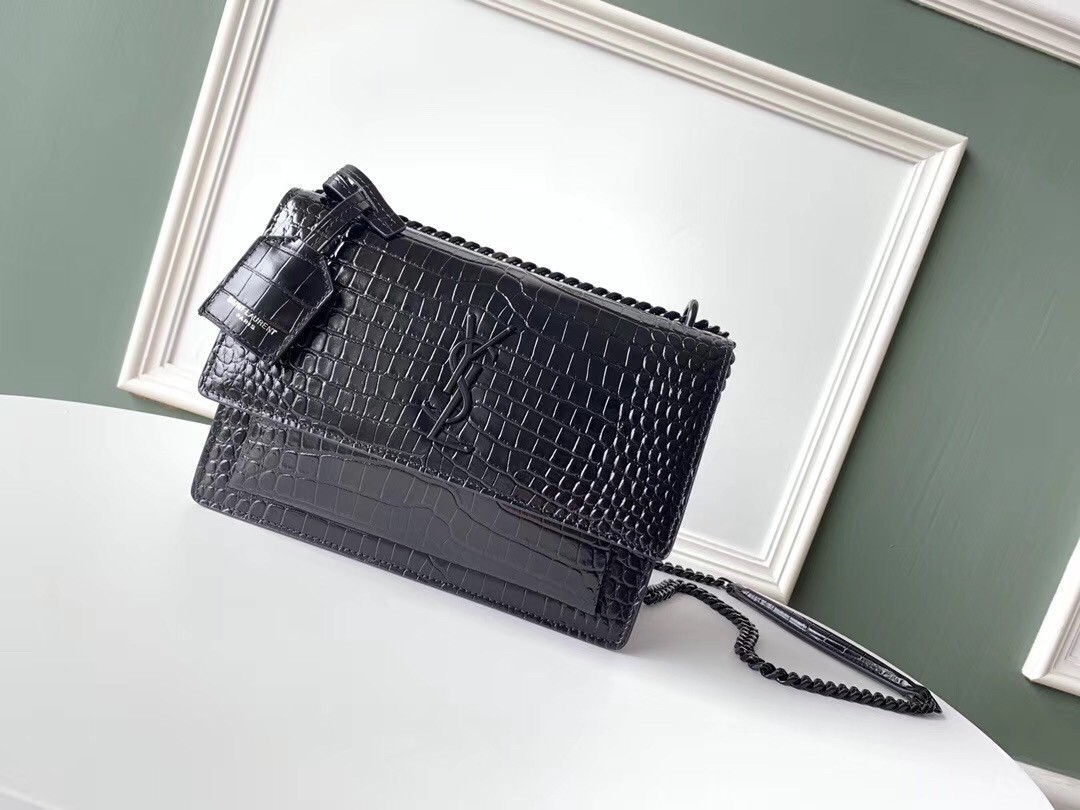 Saint Laurent Sunset Medium Bag In Noir Crocodile Embossed Leather 886