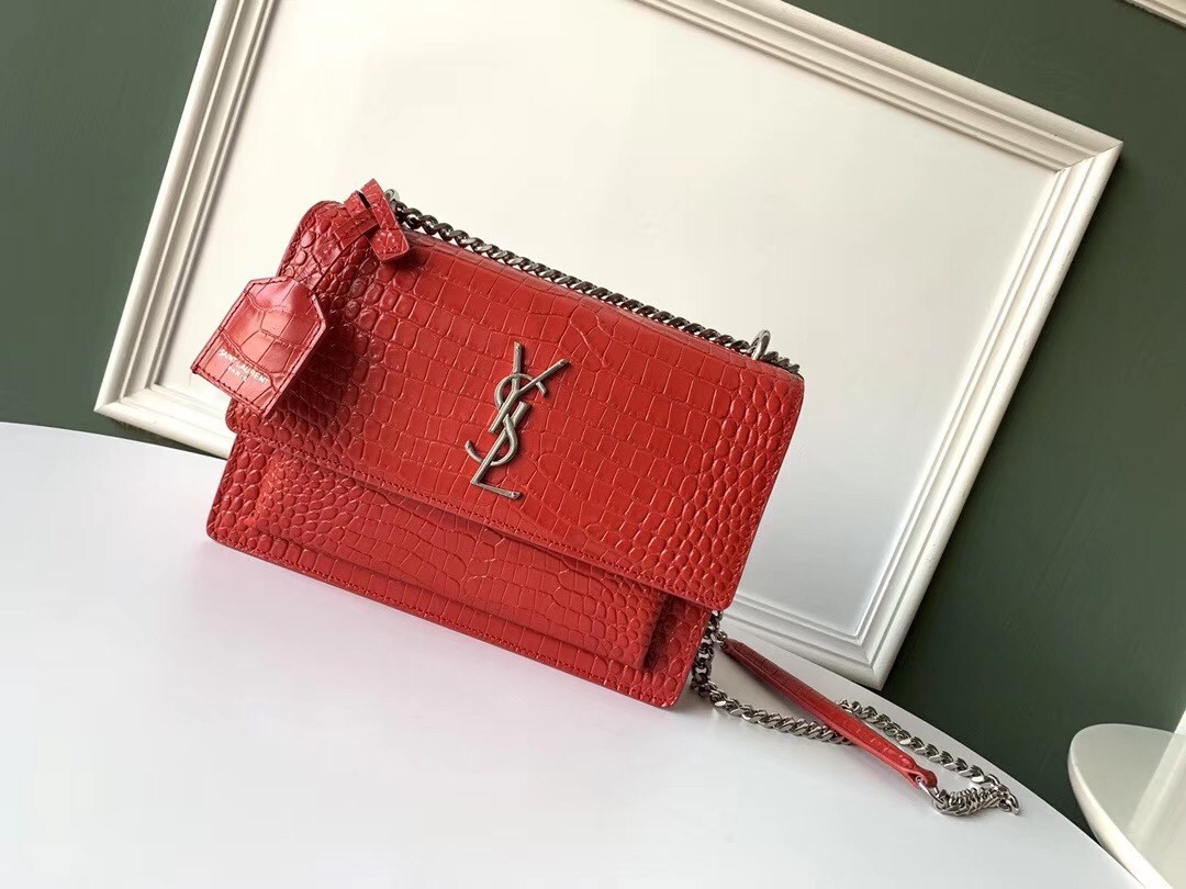 Saint Laurent Sunset Medium Bag In Red Crocodile Embossed Leather 913