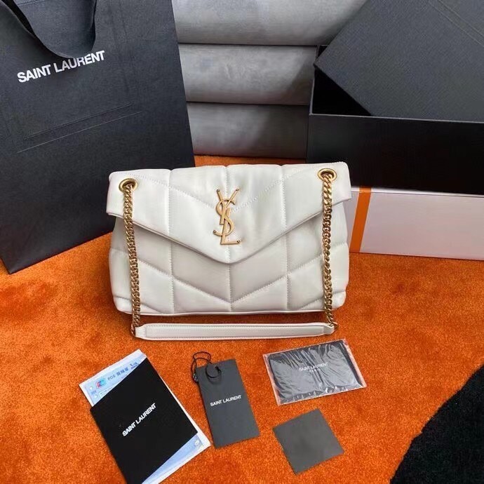 Saint Laurent Small Loulou Puffer Bag In White Lambskin 586