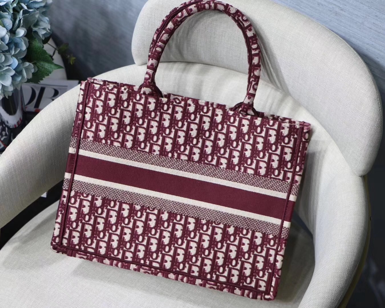 Dior Small Book Tote Bag In Bordeaux Oblique Canvas 226