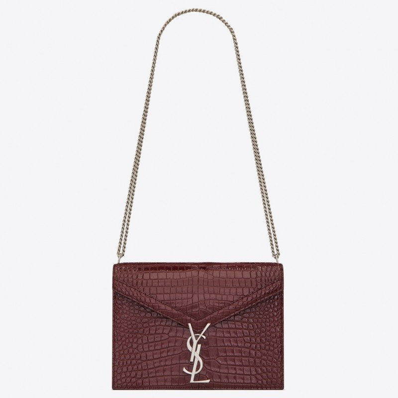 Saint Laurent Cassandra Clasp Bag In Bordeaux Croc-Embossed Leather 483