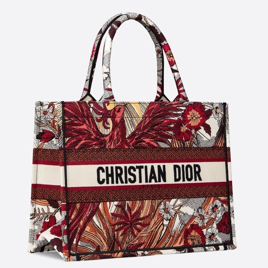 Dior Small Book Tote Bag In Red Phoenix Canvas 553