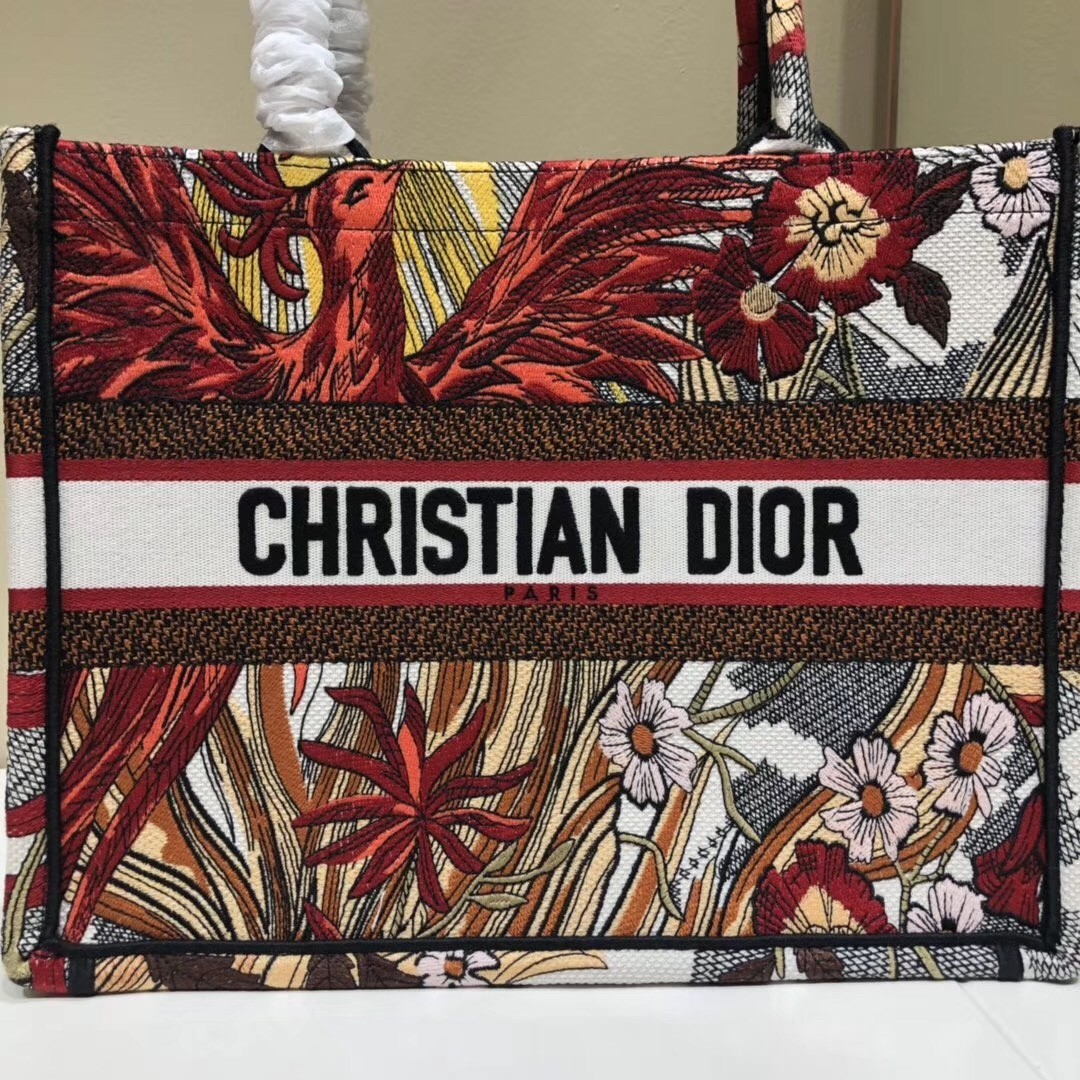 Dior Small Book Tote Bag In Red Phoenix Canvas 553