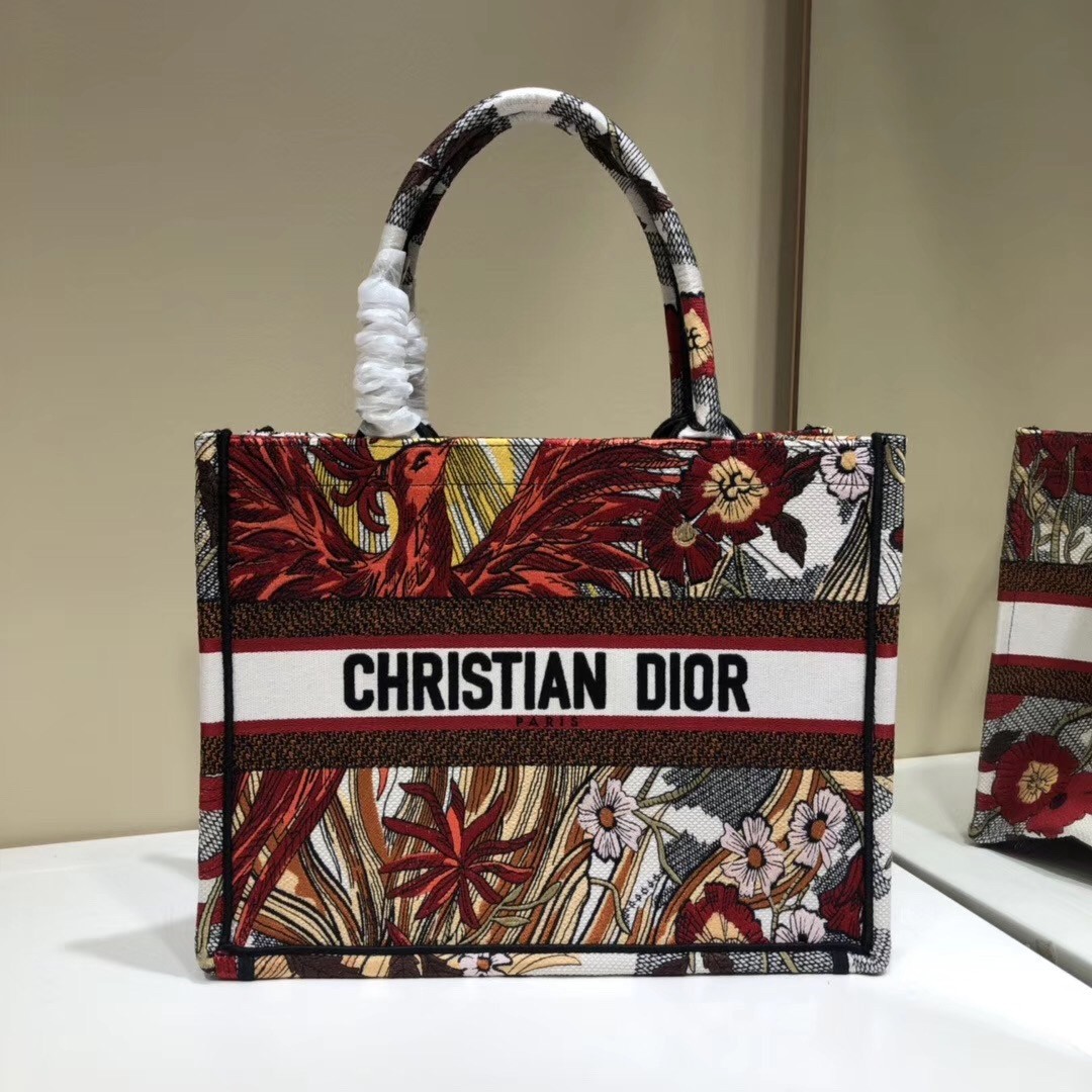 Dior Small Book Tote Bag In Red Phoenix Canvas 553