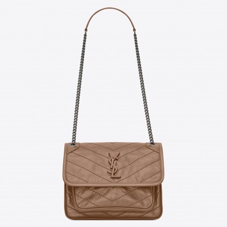 Saint Laurent Baby Niki Chain Bag In Taupe Crinkled Leather 889