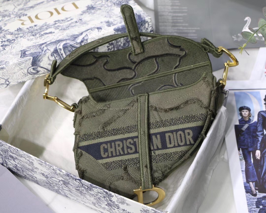 Dior Saddle Bag In Green Camouflage Canvas 162