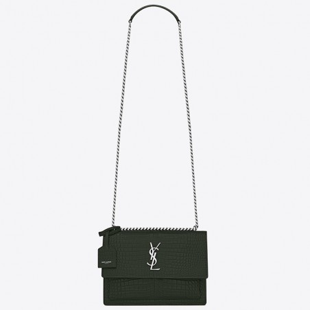 Saint Laurent Sunset Medium Bag In Green Crocodile Embossed Leather 899