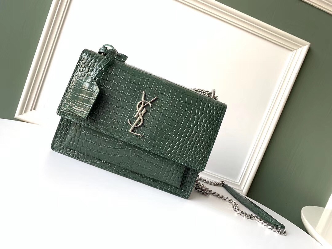 Saint Laurent Sunset Medium Bag In Green Crocodile Embossed Leather 899