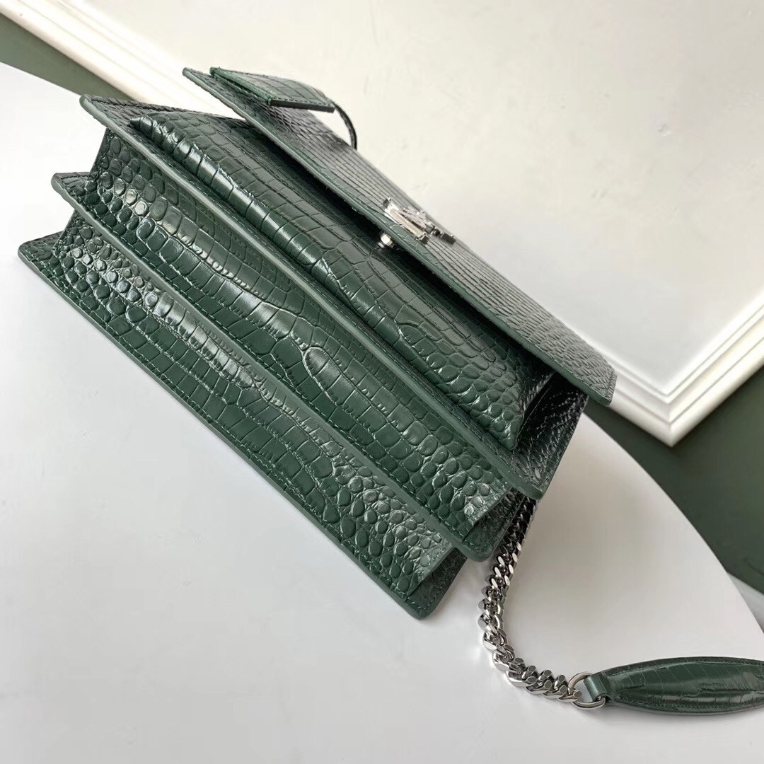 Saint Laurent Sunset Medium Bag In Green Crocodile Embossed Leather 899