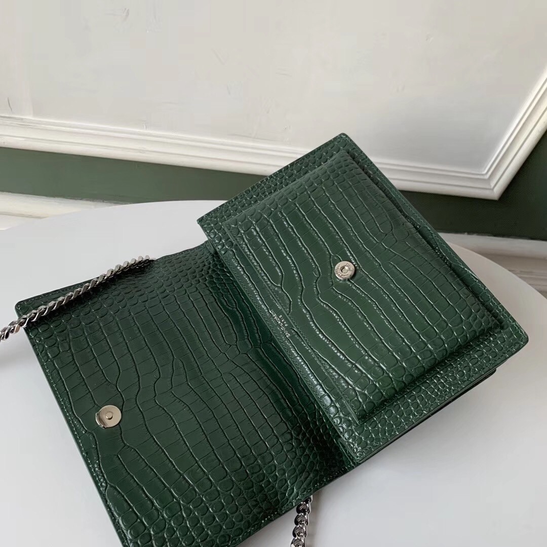 Saint Laurent Sunset Medium Bag In Green Crocodile Embossed Leather 899