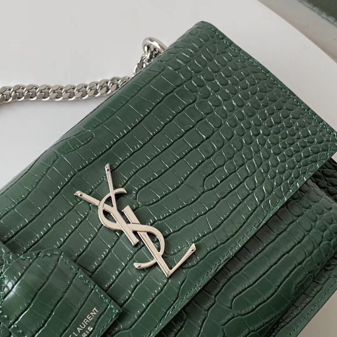 Saint Laurent Sunset Medium Bag In Green Crocodile Embossed Leather 899