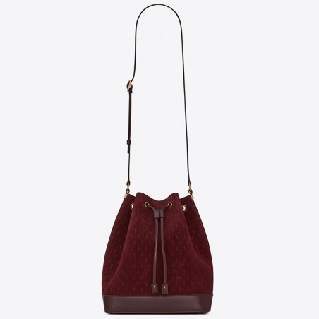 Saint Laurent Monogram All Over Bucket Bag In Bordeaux Suede 982