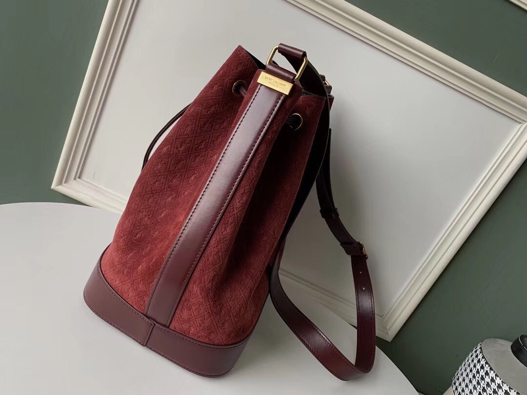 Saint Laurent Monogram All Over Bucket Bag In Bordeaux Suede 982