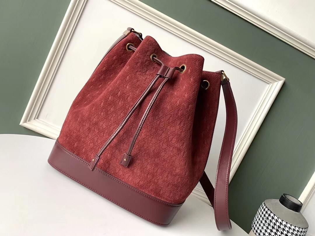 Saint Laurent Monogram All Over Bucket Bag In Bordeaux Suede 982