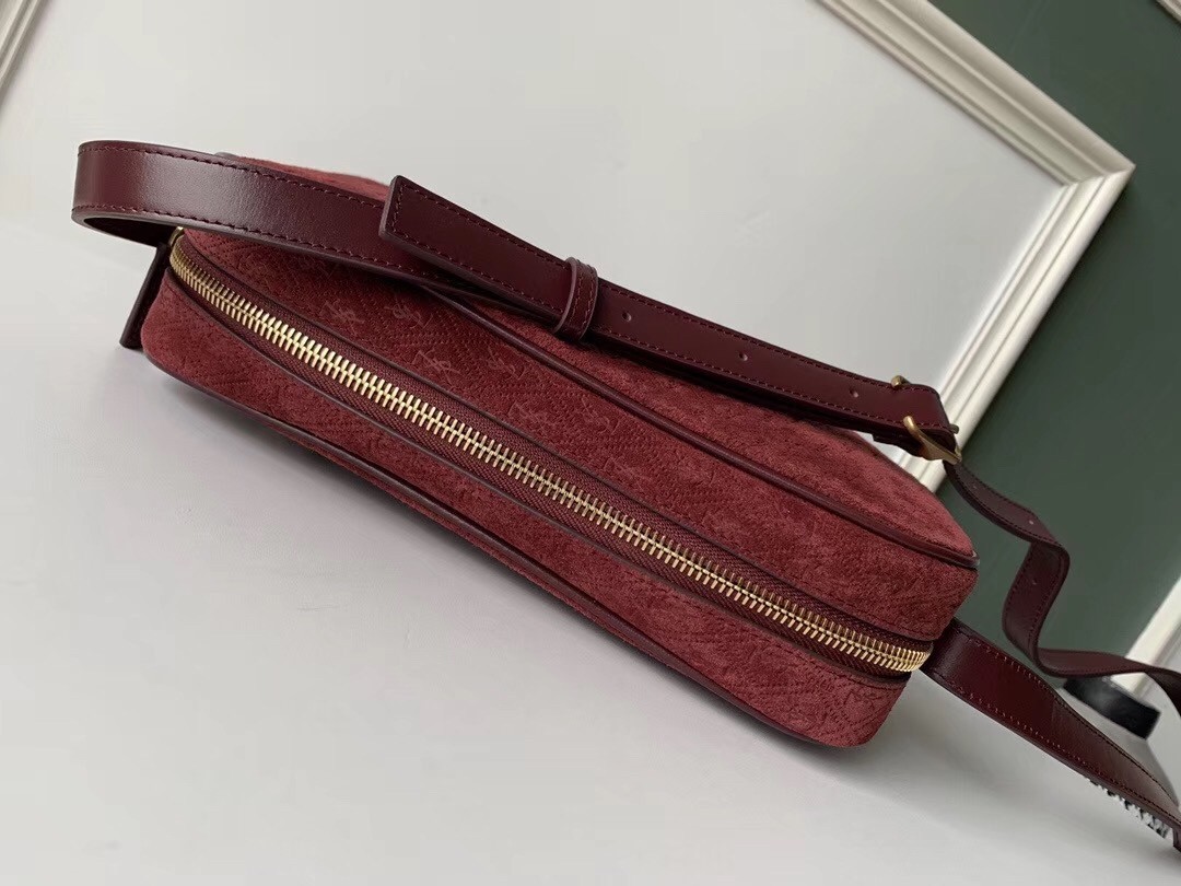 Saint Laurent Monogram All Over Camera Bag In Bordeaux Suede 111