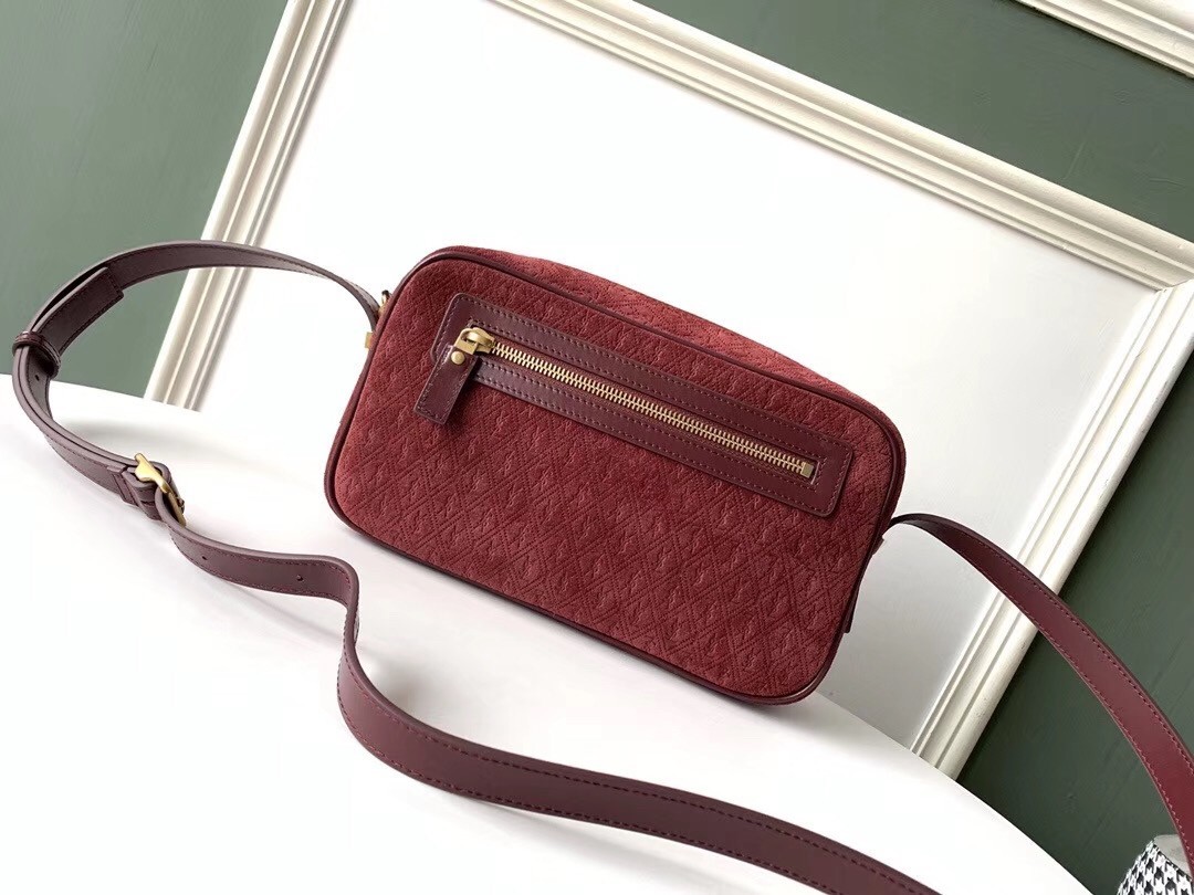 Saint Laurent Monogram All Over Camera Bag In Bordeaux Suede 111