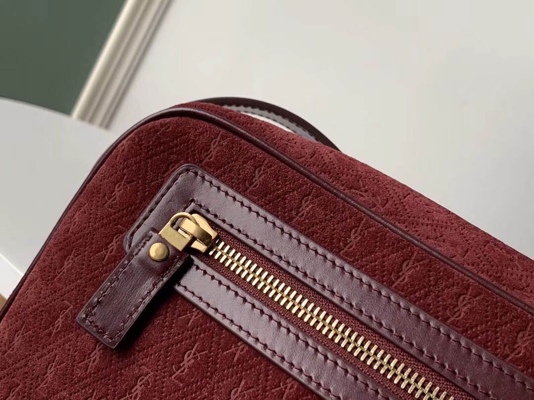 Saint Laurent Monogram All Over Camera Bag In Bordeaux Suede 111