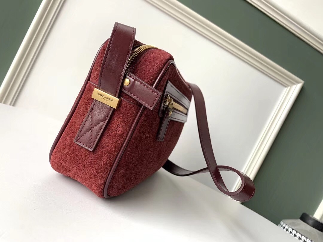 Saint Laurent Monogram All Over Camera Bag In Bordeaux Suede 111