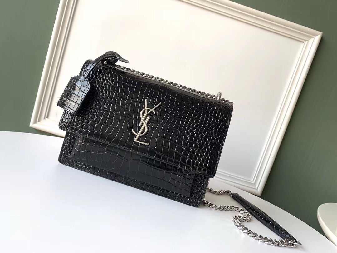 Saint Laurent Sunset Medium Bag In Black Crocodile Embossed Leather 800