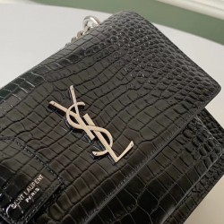 Saint Laurent Sunset Medium Bag In Black Crocodile Embossed Leather 800