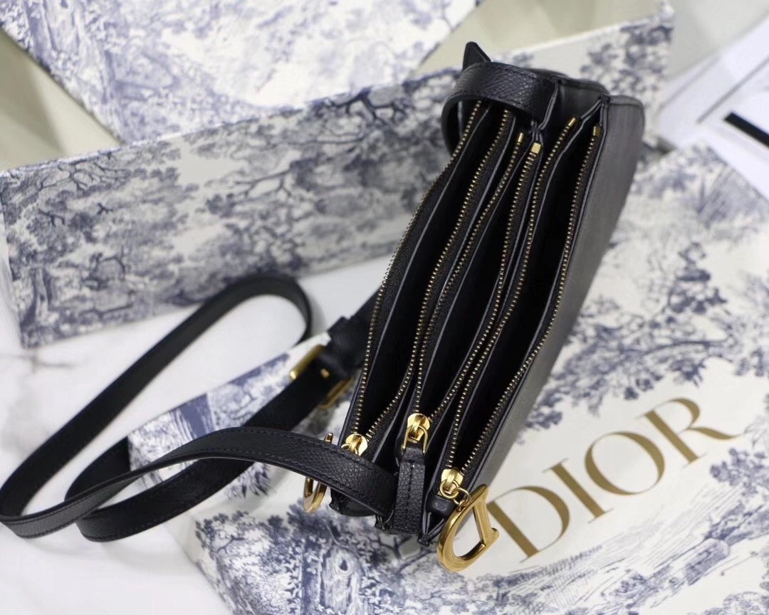 Dior Saddle Trio Pouch With Strap In Black Calfskin 676