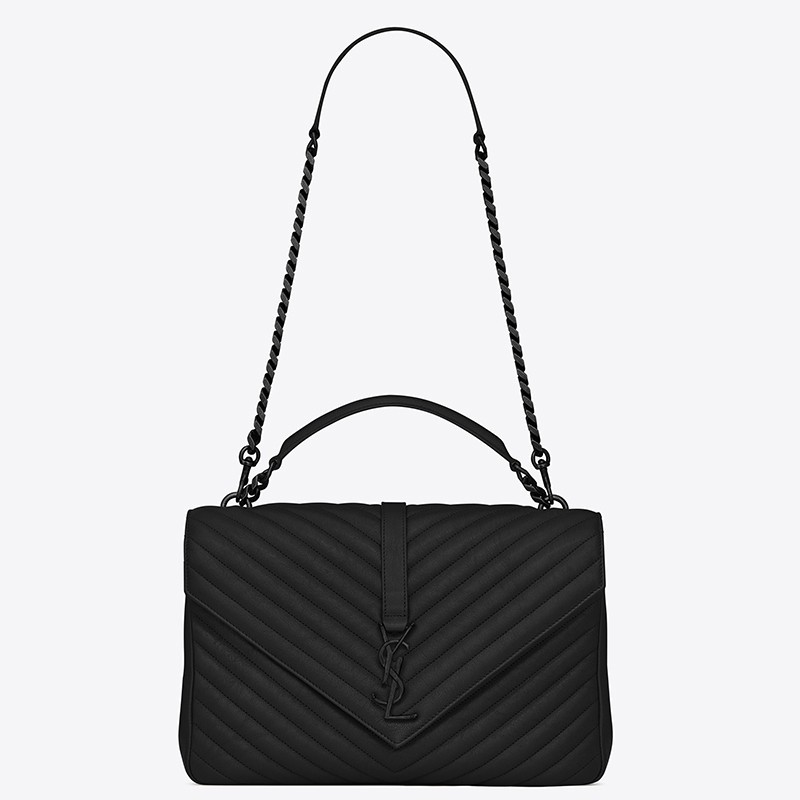 Saint Laurent College Large All Black Matelasse Leather Bag 868