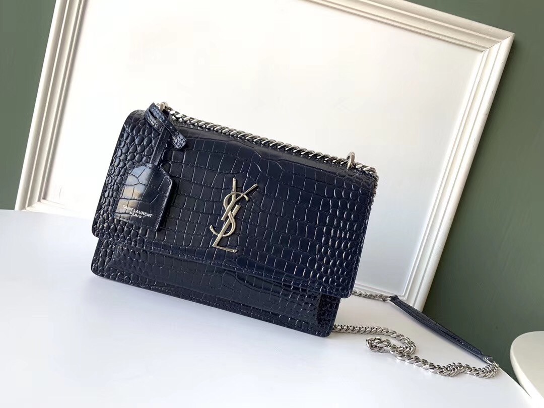 Saint Laurent Sunset Medium Bag In Blue Crocodile Embossed Leather 639