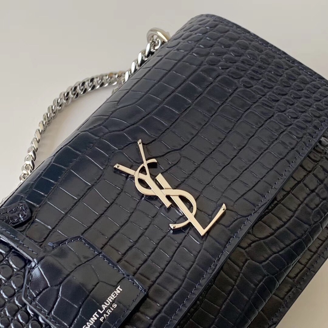 Saint Laurent Sunset Medium Bag In Blue Crocodile Embossed Leather 639